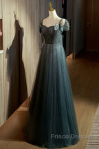 Unique Ink Blue Spotted Off Shoulder Short Sleeve Sequin Ball Dress Ink Blue A-Line Off Back Tie Bow And Floor Length Formal Prom Dress