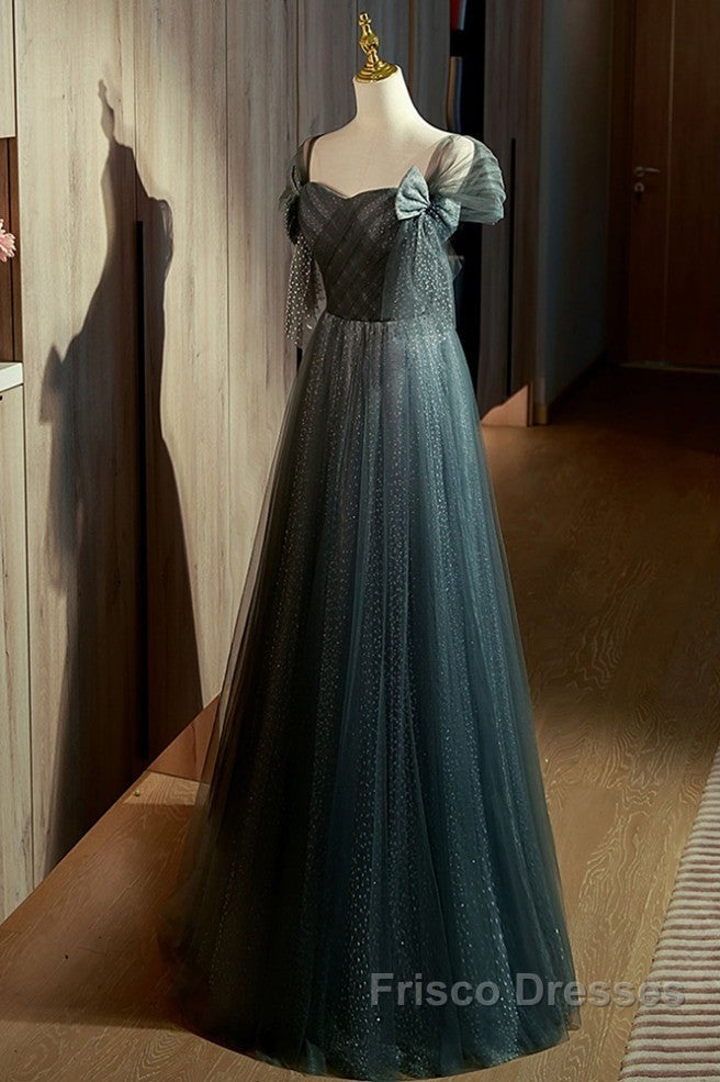 Unique Ink Blue Spotted Off Shoulder Short Sleeve Sequin Ball Dress Ink Blue A-Line Off Back Tie Bow And Floor Length Formal Prom Dress