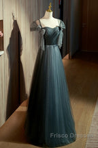 Unique Ink Blue Spotted Off Shoulder Short Sleeve Sequin Ball Dress Ink Blue A-Line Off Back Tie Bow And Floor Length Formal Prom Dress