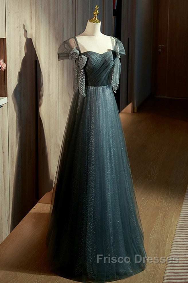 Unique Ink Blue Spotted Off Shoulder Short Sleeve Sequin Ball Dress Ink Blue A-Line Off Back Tie Bow And Floor Length Formal Prom Dress
