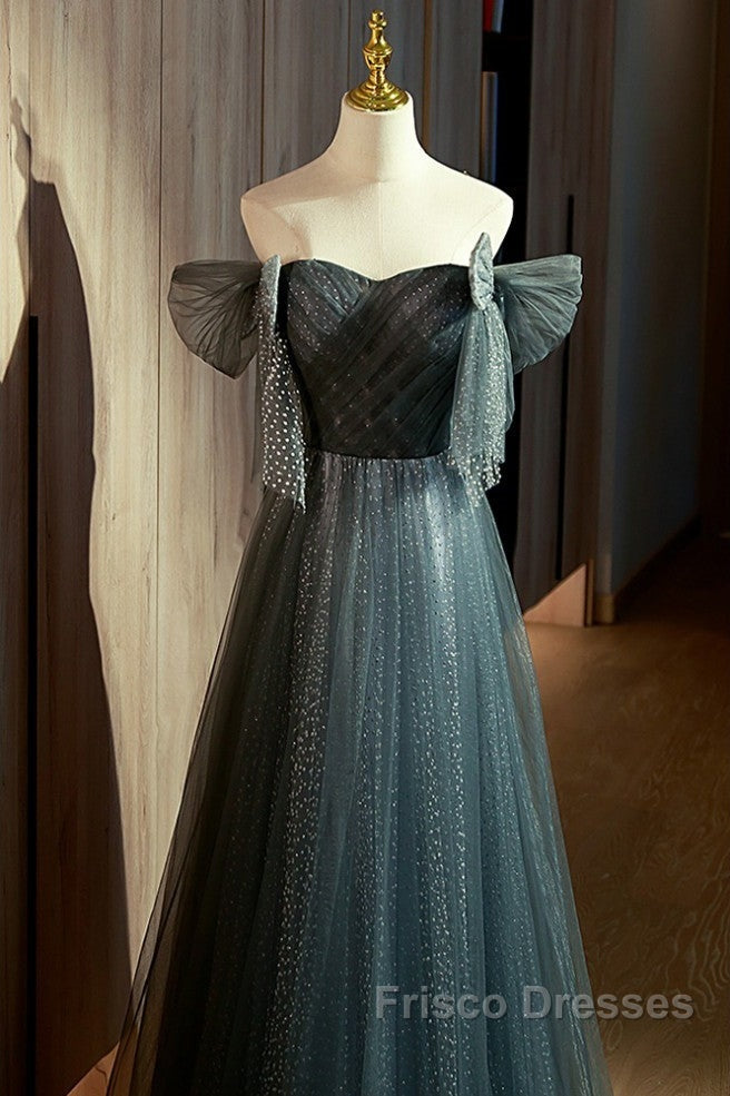 Unique Ink Blue Spotted Off Shoulder Short Sleeve Sequin Ball Dress Ink Blue A-Line Off Back Tie Bow And Floor Length Formal Prom Dress