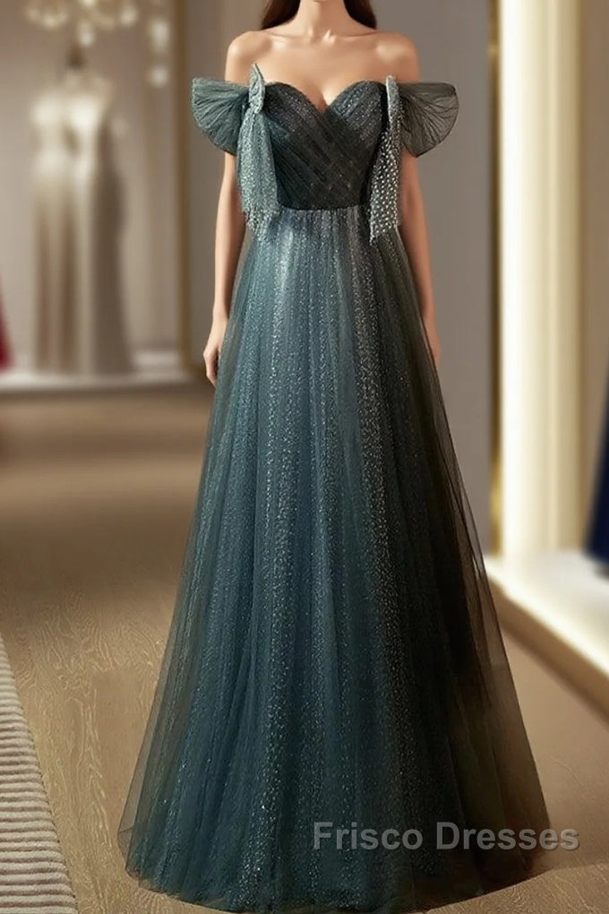 Unique Ink Blue Spotted Off Shoulder Short Sleeve Sequin Ball Dress Ink Blue A-Line Off Back Tie Bow And Floor Length Formal Prom Dress Main image