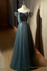 Unique Ink Blue Spotted Off Shoulder Short Sleeve Sequin Ball Dress Ink Blue A-Line Off Back Tie Bow And Floor Length Prom Dress