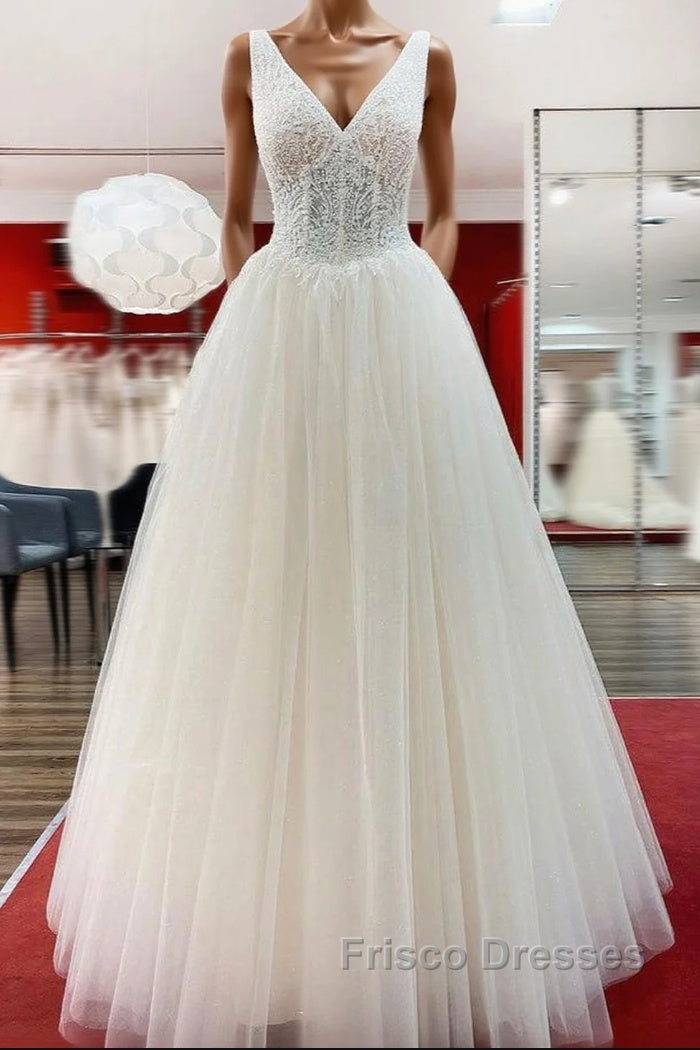 Unique Ivory Long Princess V-neck Tulle Lace Wedding Dress