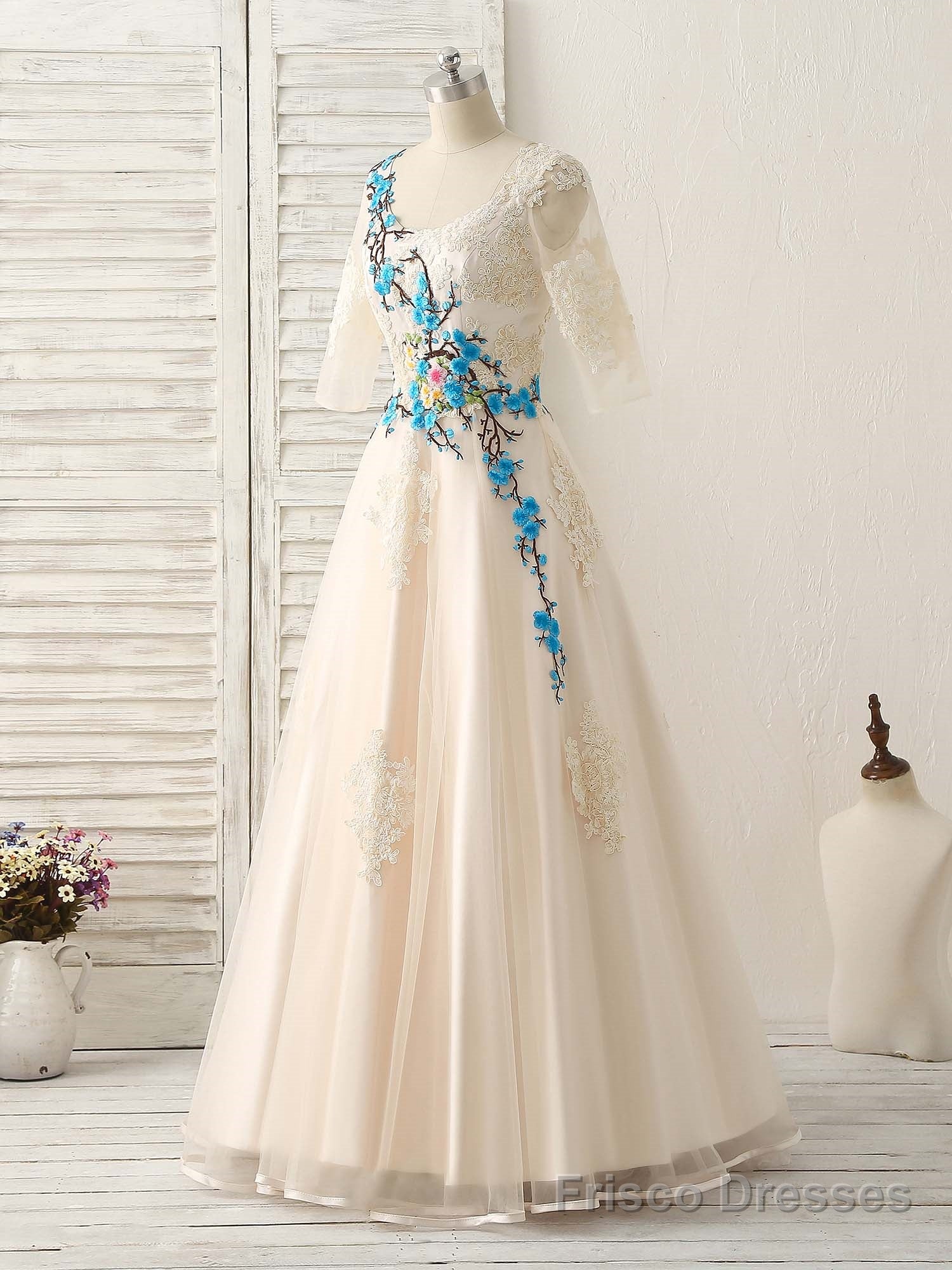 Unique Lace Applique Tulle Long Prom Dress Light Champagne Bridesmaid Dress Secondary image