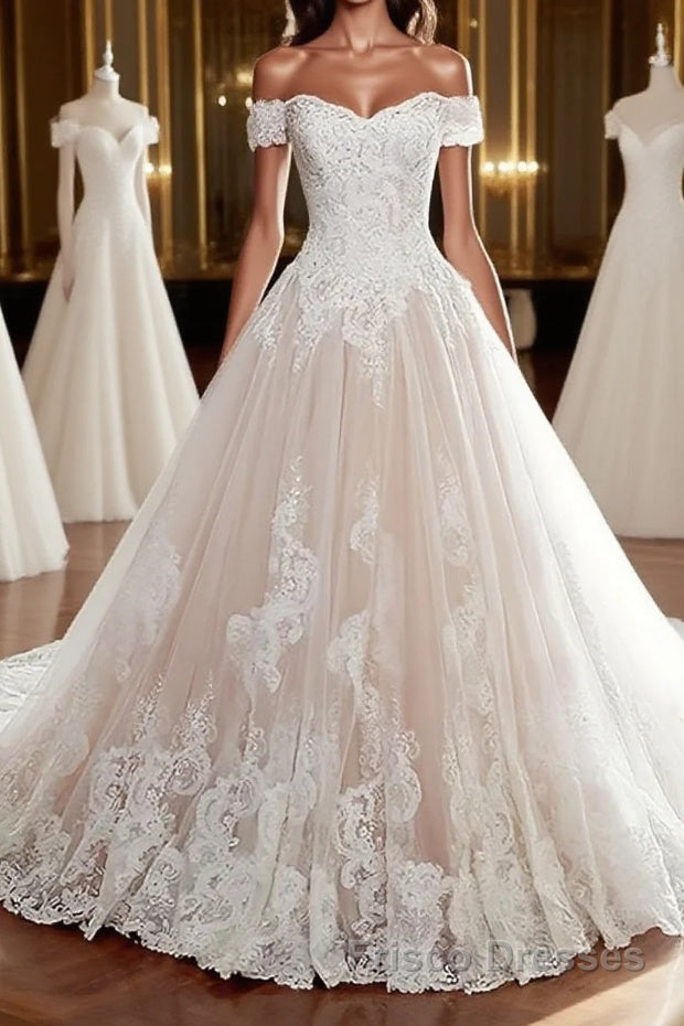 Unique lace tulle long wedding Dresses, lace long bridal Dresses Main image