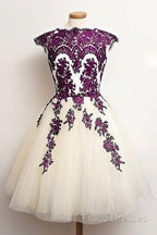 Unique Lace Tulle Short Formal Prom Dress, Lace Bridesmaid Dress