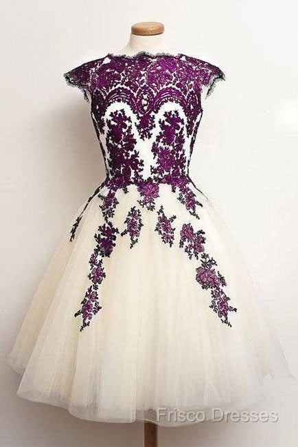 Unique Lace Tulle Short Formal Prom Dress, Lace Bridesmaid Dress