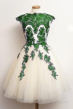 Unique Lace Tulle Short Formal Prom Dress, Lace Bridesmaid Dress