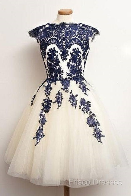 Unique Lace Tulle Short Formal Prom Dress, Lace Bridesmaid Dress