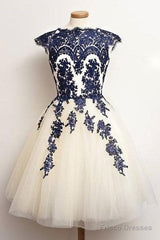 Unique Lace Tulle Short Prom Dress, Lace Bridesmaid Dress