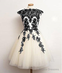 Unique Lace Tulle Short Prom Dress, Lace Bridesmaid Dress