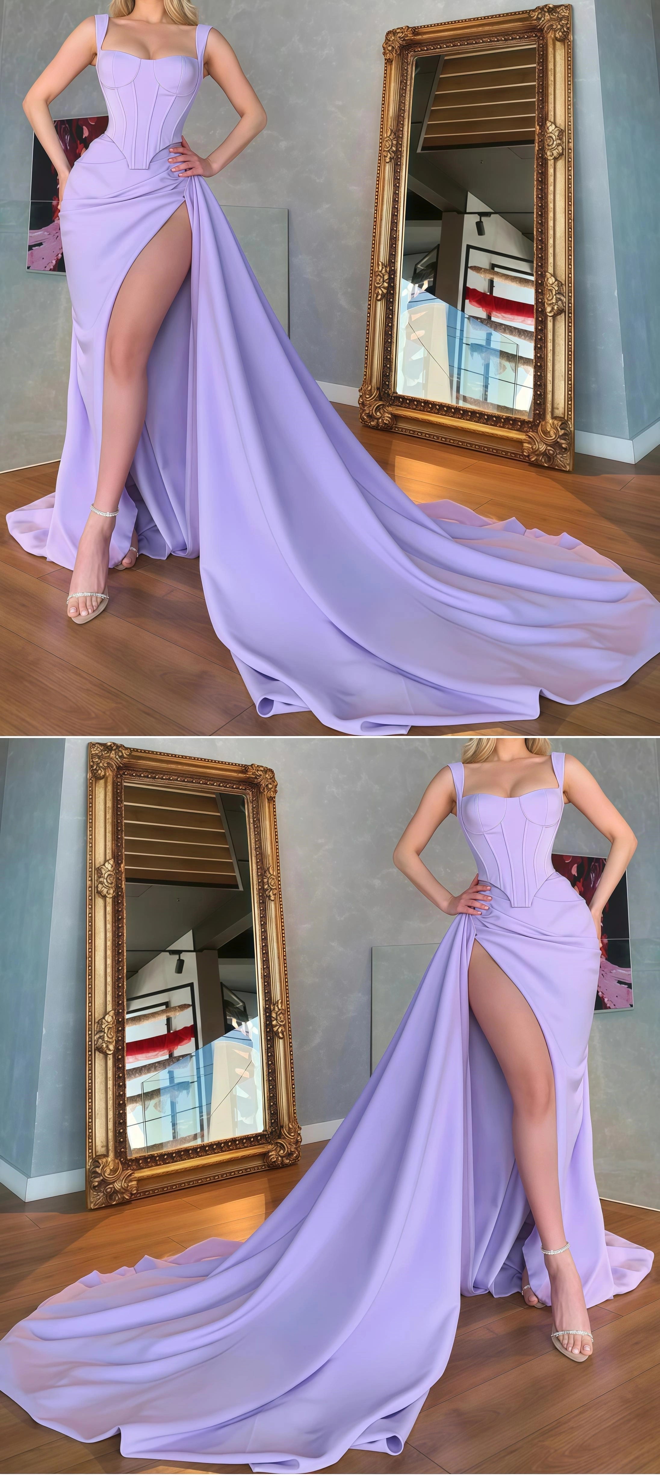 Unique Lilac Satin Mermaid Sexy Prom Dress Online Evening Formal Gown