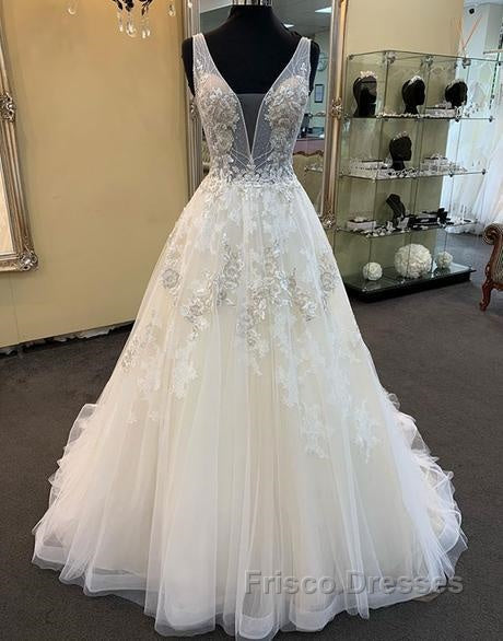 Unique Long A-line Tulle V Neck Beaded Lace Wedding Dress Secondary image