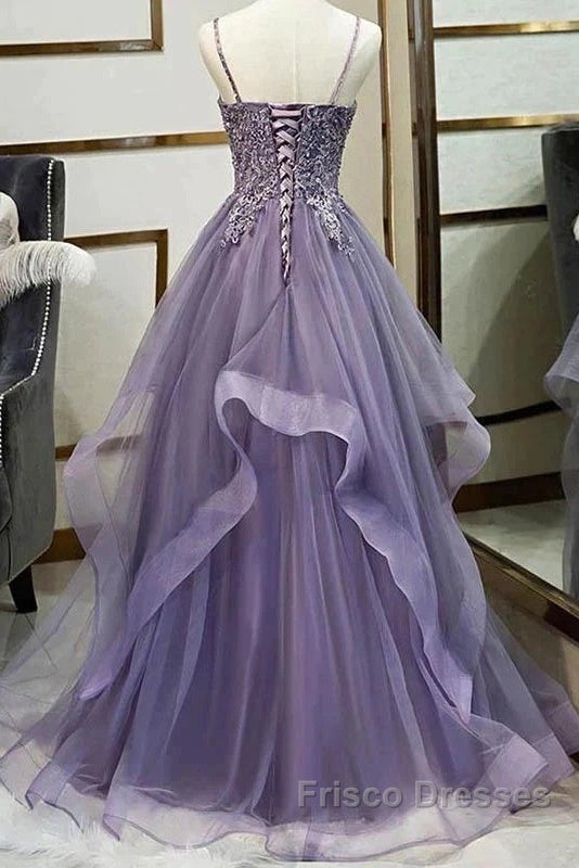 Unique Long Tulle Spaghetti Straps Formal Prom Dress Evening Dress With Lace Applique,