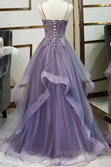 Unique Long Tulle Spaghetti Straps Formal Prom Dress Evening Dress With Lace Applique,