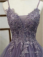 Unique Long Tulle Spaghetti Straps Formal Prom Dress Evening Dress With Lace Applique,