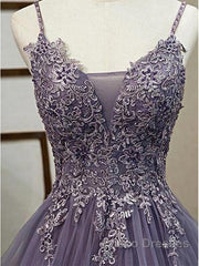 Unique Long Tulle Spaghetti Straps Formal Prom Dress Evening Dress With Lace Applique,