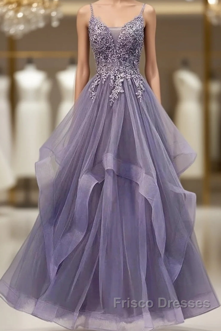 Unique Long Tulle Spaghetti Straps Formal Prom Dress Evening Dress With Lace Applique, Main image