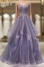 Unique Long Tulle Spaghetti Straps Formal Prom Dress Evening Dress With Lace Applique,