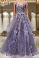 Unique Long Tulle Spaghetti Straps Formal Prom Dress Evening Dress With Lace Applique,