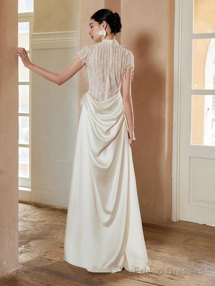 Unique Mermaid High Neckline Pearls Pleats Long White Satin Wedding Dresses Secondary image