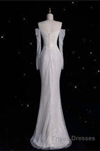Unique Mermaid Off The Shoulder Long Sleeves Wedding Dress Sequin Brides Dress