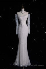 Unique Mermaid Off The Shoulder Long Sleeves Wedding Dresses Sequin Brides Dress