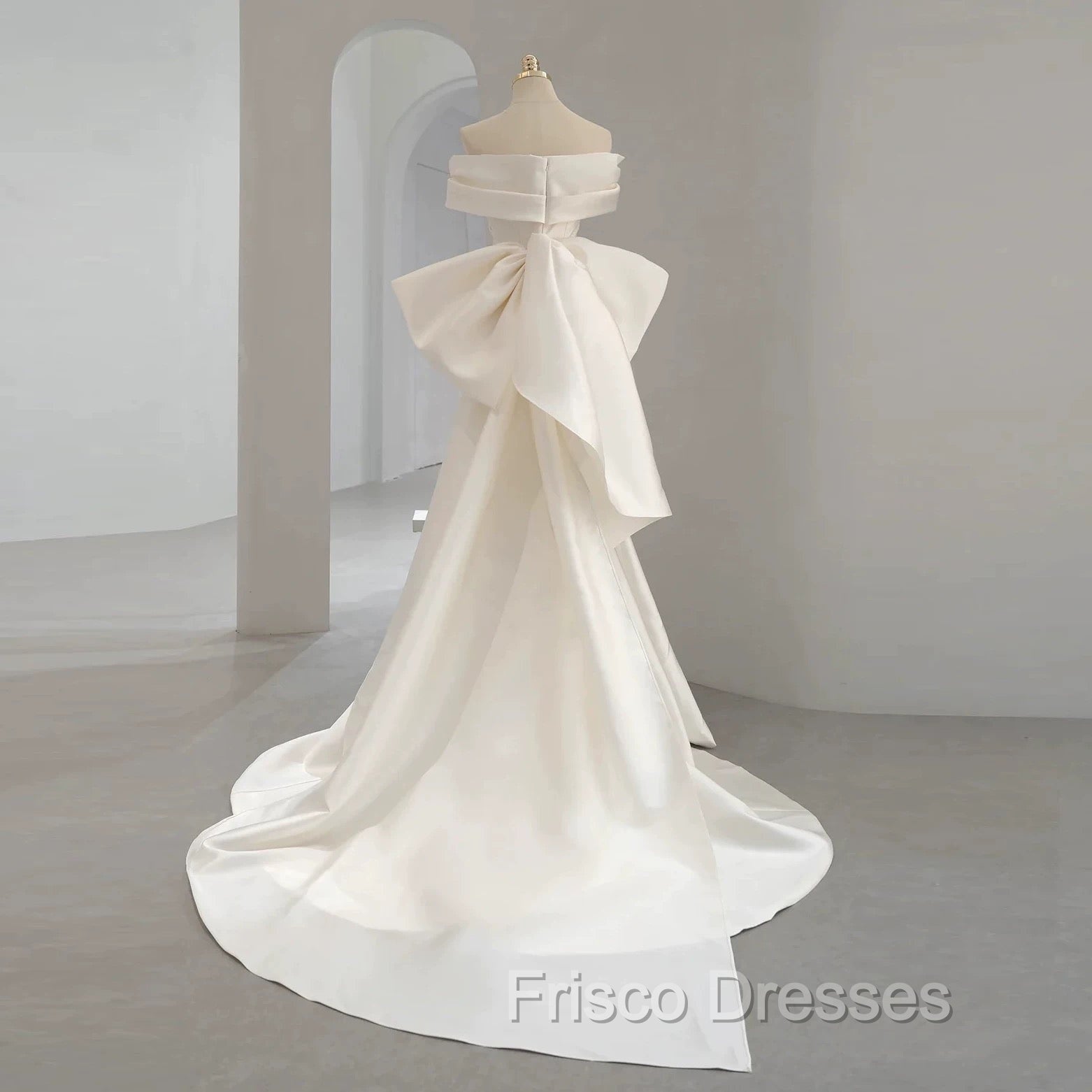 Unique Mermaid Off The Shoulder Long White Satin Wedding Dress Secondary image
