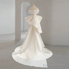 Unique Mermaid Off The Shoulder Long White Satin Wedding Dresses