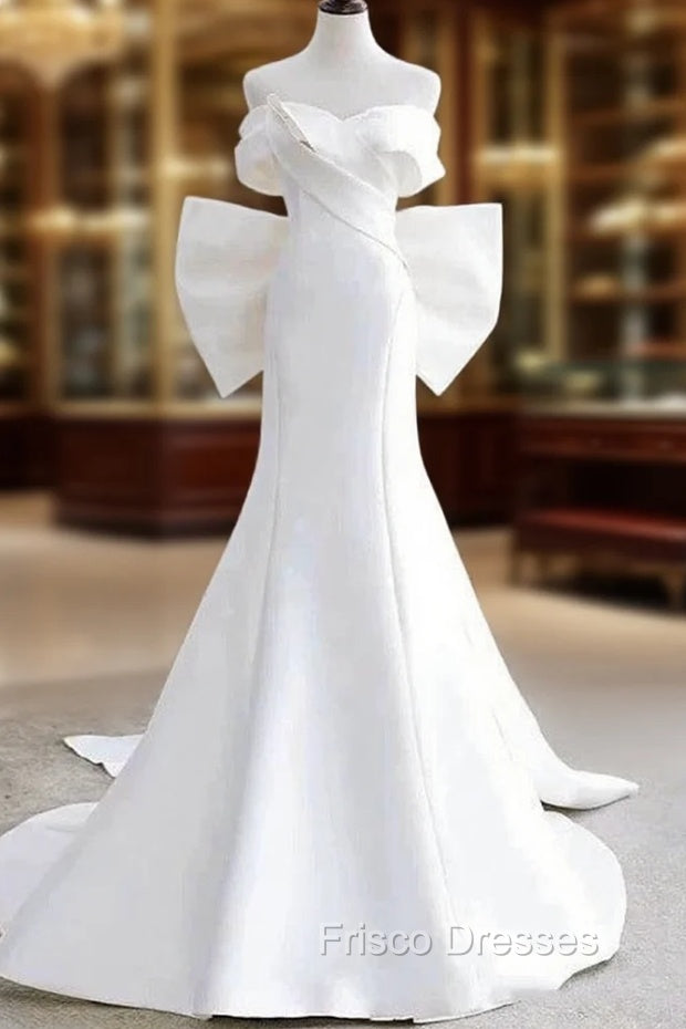 Unique Mermaid Off The Shoulder Long White Satin Wedding Dress Main image