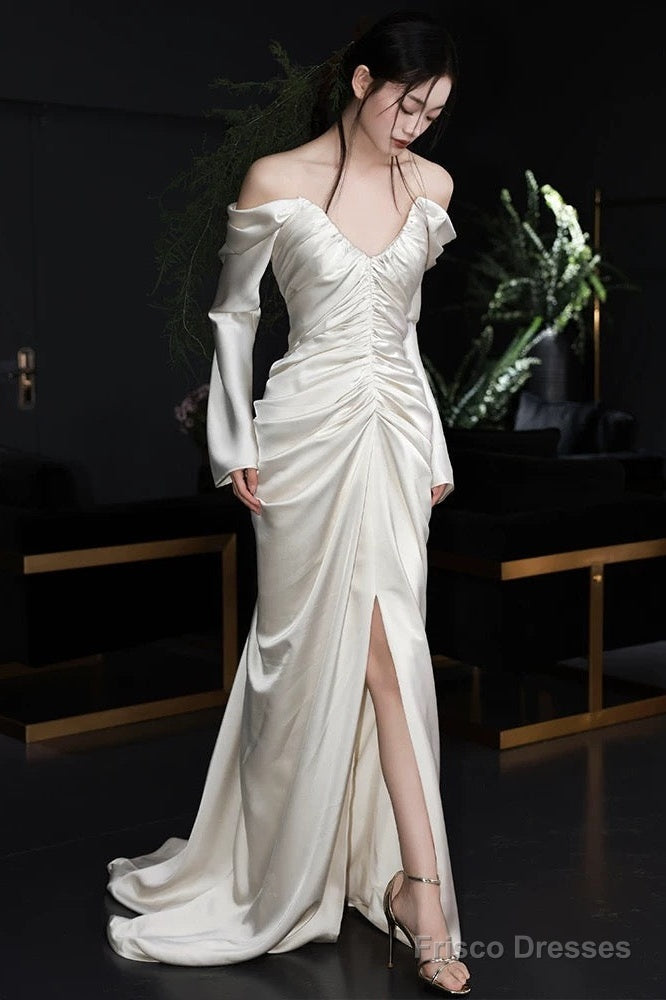 Unique Mermaid Off The Shoulder Pleats Long Sleeves Satin Wedding Dresses