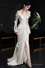 Unique Mermaid Off The Shoulder Pleats Long Sleeves Satin Wedding Dresses