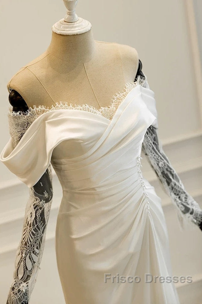 Unique Mermaid Off The Shoulder Pleats Satin Long Sleeves Wedding Dress Brides Dress Secondary image