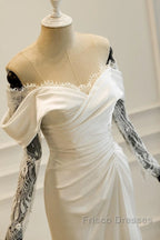 Unique Mermaid Off The Shoulder Pleats Satin Long Sleeves Wedding Dress Brides Dress
