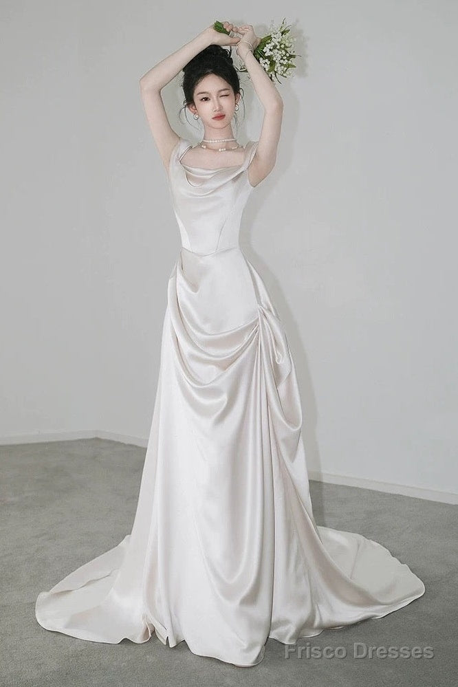Unique Mermaid Off The Shoulder Pleats Short Sleeves Satin Ivory Wedding Dresses Secondary image