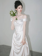 Unique Mermaid Off The Shoulder Pleats Short Sleeves Satin Ivory Wedding Dresses