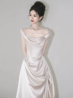 Unique Mermaid Off The Shoulder Pleats Short Sleeves Satin Ivory Wedding Dresses