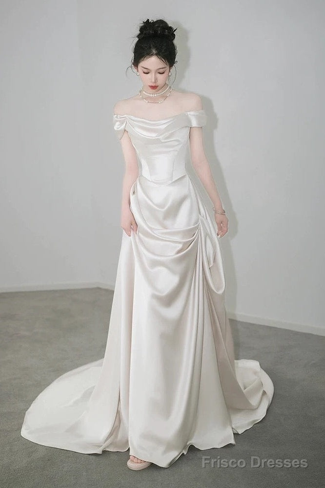 Unique Mermaid Off The Shoulder Pleats Short Sleeves Satin Ivory Wedding Dresses Main image