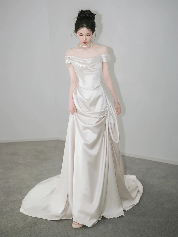 Unique Mermaid Off The Shoulder Pleats Short Sleeves Satin Ivory Wedding Dresses Main image