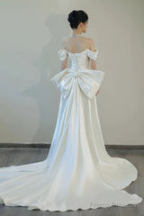 Unique Mermaid Off The Shoulder Pleats Short Sleeves Satin Wedding Dresses