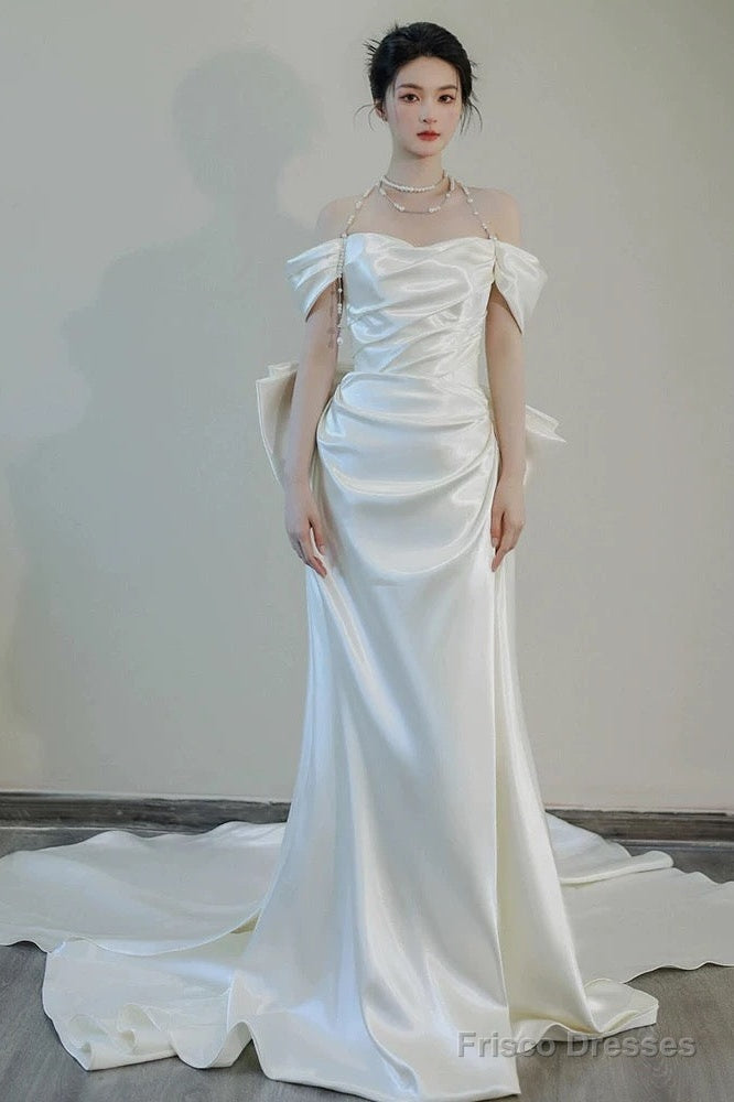 Unique Mermaid Off The Shoulder Pleats Short Sleeves Satin Wedding Dresses Main image