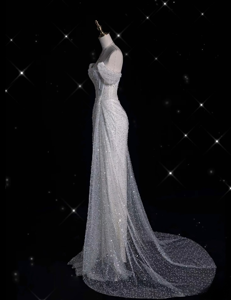 Unique Mermaid Off The Shoulder Sequin Short Sleeves White Wedding Dresses Brides Dress Secondary image