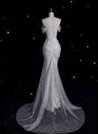 Unique Mermaid Off The Shoulder Sequin Short Sleeves White Wedding Dresses Brides Dress