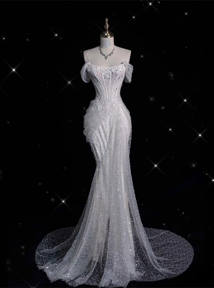 Unique Mermaid Off The Shoulder Sequin Short Sleeves White Wedding Dresses Brides Dress Main image
