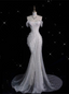Unique Mermaid Off The Shoulder Sequin Short Sleeves White Wedding Dresses Brides Dress