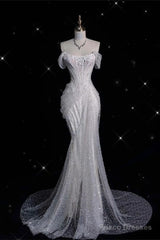 Unique Mermaid Off The Shoulder Sequin Short Sleeves White Wedding Dresses Brides Dress