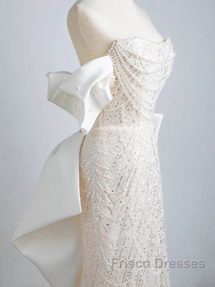 Unique Mermaid Off The Shoulder Short Sleeves Long White Sequin Wedding Dress