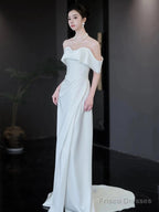 Unique Mermaid Off The Shoulder White Long Wedding Dresses With Short Sleeves Brides Dress