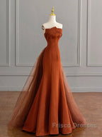 Unique Mermaid Satin Brown Long Formal Prom Dress, Brown Long Evening Dress